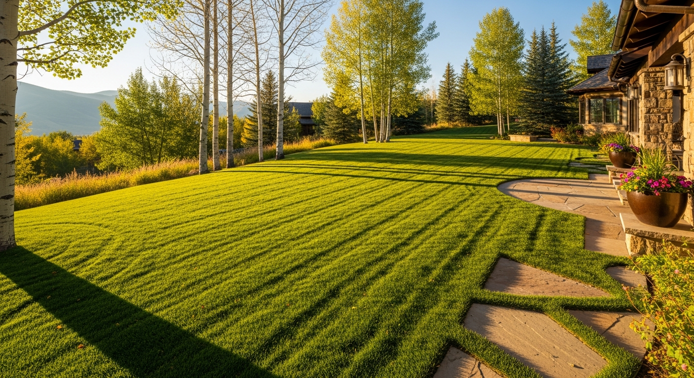 Maintained lawn with mowing stripes and stone walkway
