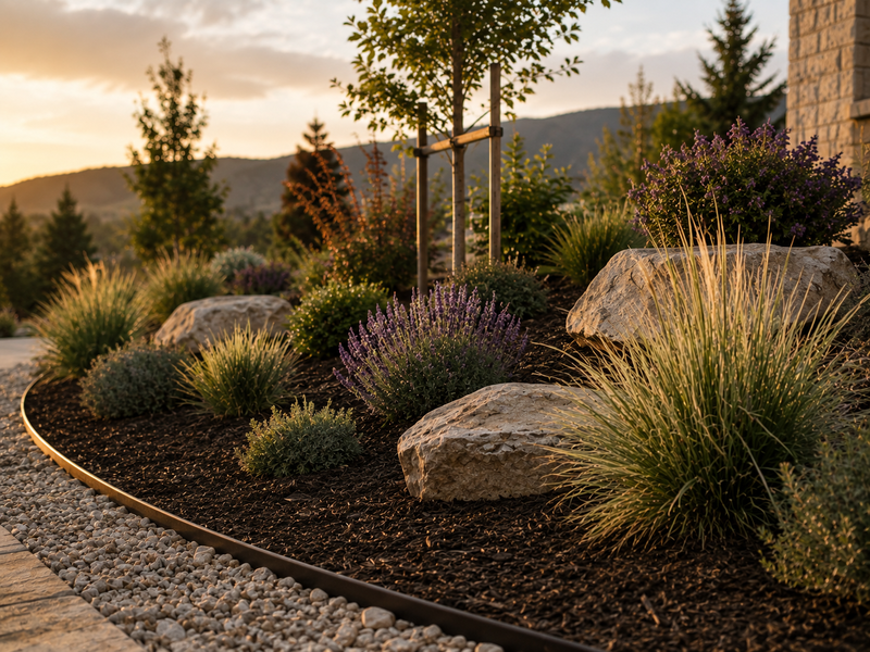 Landscape bed with boulders, ornamental grasses, and low-water plantings