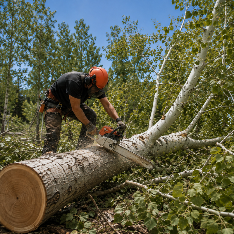 Tree care operator using a chainsaw during tree removal